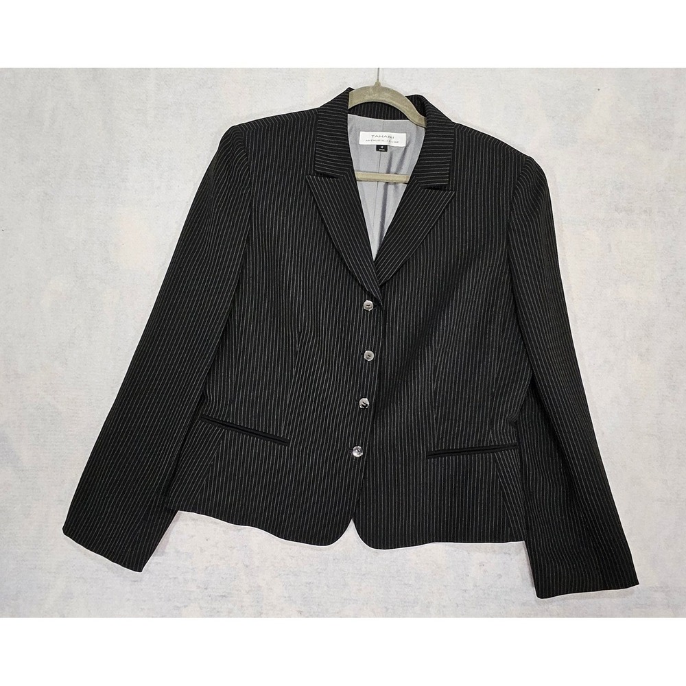 Tahari Blazer Women 16 XL Pinstripe Black Tailored Pockets Notched Lined Office